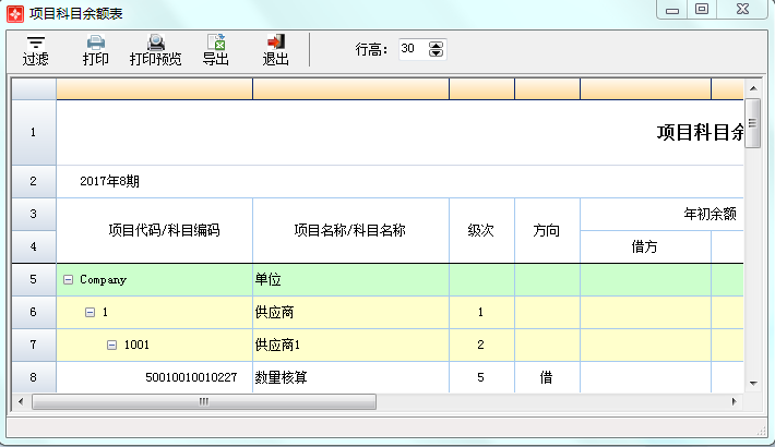 项目科目余额表1-1